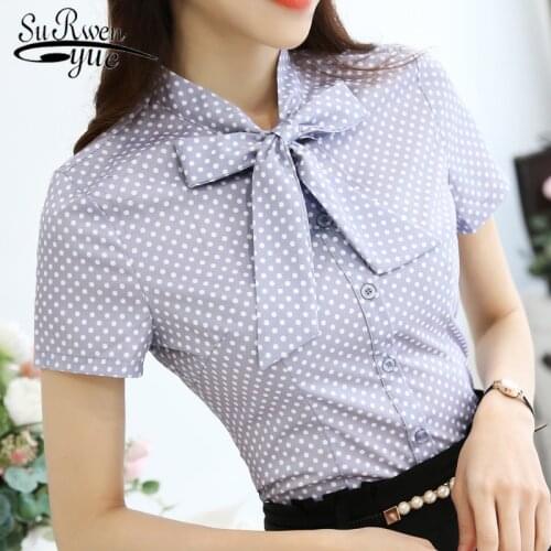 Summer 2021 Fashion Office Lady Shirt Women Blouse Short Sleeve Bow Neck Womens Clothing Wave Point Women Tops Blusas 893F 30