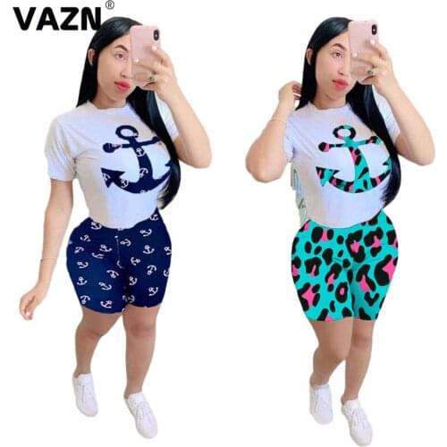 VAZN 2020 Summer sexy lady 2 colors 2-piece short set white print T shirt leopard shorts set young girl streetwear fashion sets