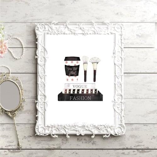 Fashion Makeup Brush Poster Art Print Girls Gift Fashion Books Coffee Cup Illustration Watercolor Wall Art Canvas Painting Decor