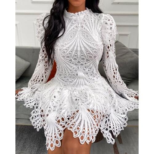 2021 New Women Kawaii Eyelet Embroidery Long Bell Sleeve High Waist Sexy White Lace Mini Girls Fairy Party Club A Line Dresses