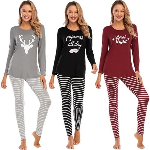 Autumn and Winter New Womens Pajamas Long-sleeved Trousers Printed Striped Home Service Sleep Tops Pajamas for Women Sleepwear