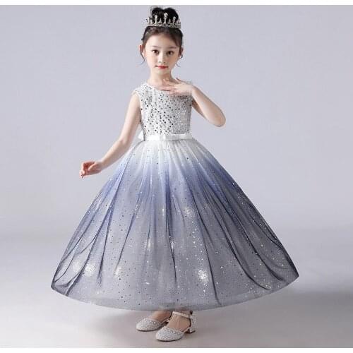 New Fashion Sequined Girls Princess Dresses Piano Blue Catwalk Dress Long Child Birthday Party Dress Girls Formal Dress 5-14 Age