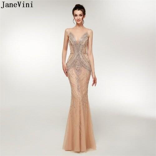 JaneVini Luxury Dubai Arabic Mermaid Mother of The Bride Dresses Sexy Tulle Crystals Beading Sheer Back Long Evening Party Gowns