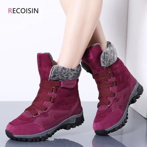 RECOISIN 2020 New Women Boots High Quality Leather Suede Winter Boots Women Keep Warm Lace-up Waterproof Snow Boots Botas mujer