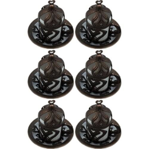 Turkish Arab Ottoman Traditional Motif Copper Metal Coffee Cup And Saucer 6 Piece Set Nostalgic Original Vernacular