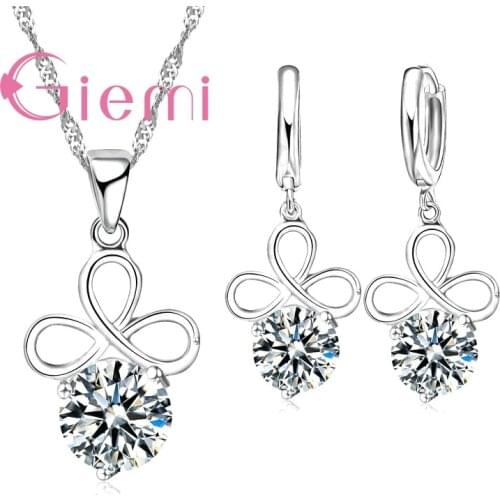 High-End Gift 925 Sterling Silver Jewelry Cubic Zircon Lucky Leaf Pendant Necklaces Woman Girl Drop Earring Wedding Set