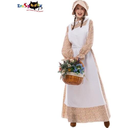 Eraspooky Medieval Prairie Pioneer Costume Women Victorian Village Auntie Floral Apron Dress Bonnet Historical Halloween Outfits