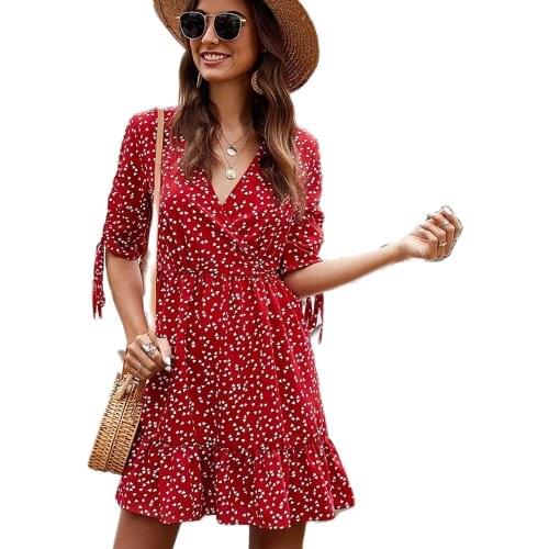 Summer Hot-Selling Good Quality Womens Wear 2021 New Popular Five-Point Sleeve Lace-Up Ruffle Stitching V-Neck Casual Dress