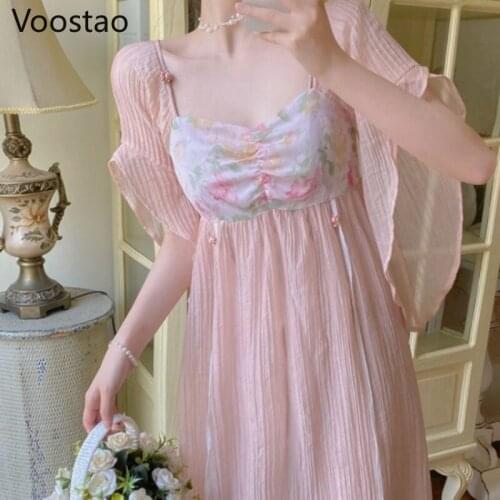 Summer Chinese Style Sweet Fairy Hanfu Dress Women Elegant Vintage Floral Chiffon Princess Costumes Party Dress Female Vestidos