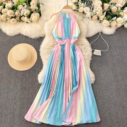 2021 Summer Womens Dress Korean Style Suspender Square Collar Rainbow Gradient Dress New Slim Holiday Female Dresses HH508