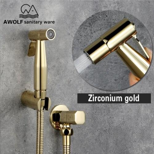 Stainless Steel Toilet Bidet Sprayer Zirconium Gold Douche Kit Hand Held Bidet Faucet Sprayer Shattaf Copper Valve Set AP2101