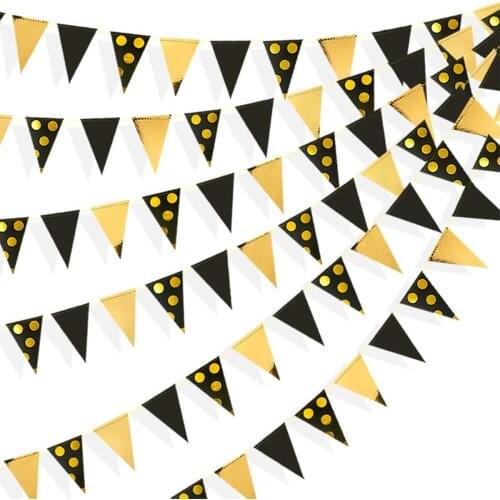 Black Gold Foil Polka Dot Pennant Banner Paper Triangle Flags Bunting Garland for Wedding Baby Shower Birthday Party Decorations