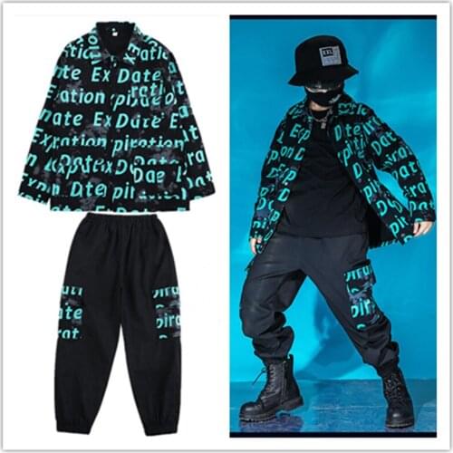 Kid Cool Hip Hop Clothing Letters Print Jacket Top Coat Tactical Cargo Pants for Girl Boy Jazz Dance Costume Clothes Street Wear