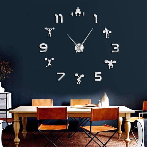Weightlifting Fitness DIY Giant Clock GYM Wall Sticker Watch 3D Luxury Wall Clock Creative Wall Art Decor For GYM