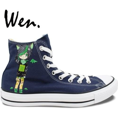 Wen Customized Hand Painted Sneakers Cartoon Dex Midnight And Dirk Strider Cat High Top Girls Boyss Blue Canvas Walking Shoes
