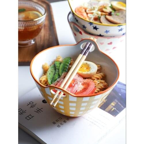 7 Inch Ceramic Breakfast Salad Creative Double Ears Bowls For Noodle Soup Rice 845ML Large Capacity Hearts Stars Under Glazed