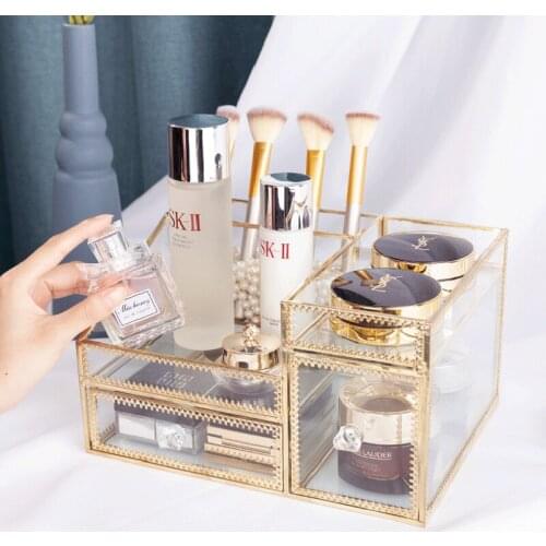 New Arrival Gold Glass Clear Makeup Perfume Lipstick Cosmetic Storage Display Box Desk Finishing Holder Makeup Organizer Boxes