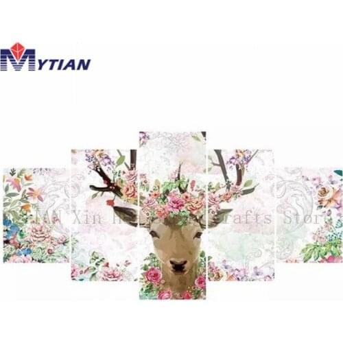Beautiful Deer,Flowers On Antlers,Forest,Diamond Painting Kit,Each of 5 Sections Multi-Picture Diamond Embroidery Home Decor