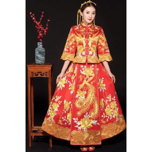 Red embroidery style formal dress royal phoenix wedding cheongsam costume bride vintage Chinese traditional Tang suit Qipao