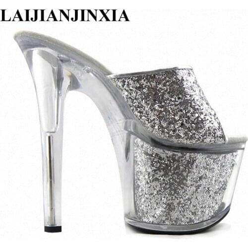 LAIJIANJINXIA 15cm Ultra High Heels Sandals Glitter Platform Bride Wedding Shoes Dance Shoes 5 Inch Crystal Shoes Plus Big Size