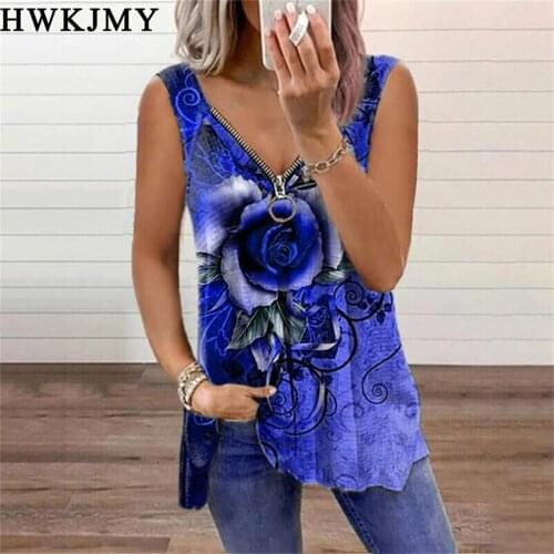 Summer Women Fashion V-neck Off Shoulder Sleeveless Printing T-shirt Vest Loose Zipper Blouse Ladies Plus Size Cotton Tank Tops