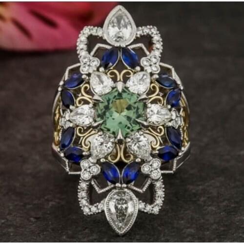 Milangirl Fashion Luxury Palace Green Mixed Color Collection Crystal Ring Creative Trendy Party Ring Holiday Gift Ring