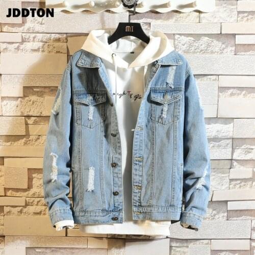 JDDTON Mens Denim Jacket Casual Male Loose Coat Hip Hop Warm Outwear Korean Style Loog Sleeve Windbreaker Jean Streetwear JE527