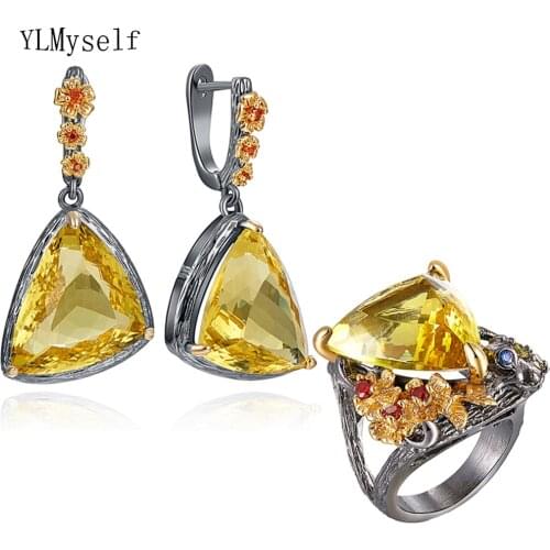 Large Triangle Dangle Earrings Ring sets Golden CZ Jewelry High quality Womens Jewellery For Party 2pcs set
