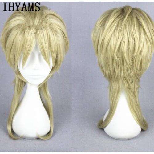 45cm Blonde Medium Hairstyle JoJos Bizarre Adventure Dio Brando Cosplay Wig Heat Resistant Synthetic Hair Wigs + Wig Cap