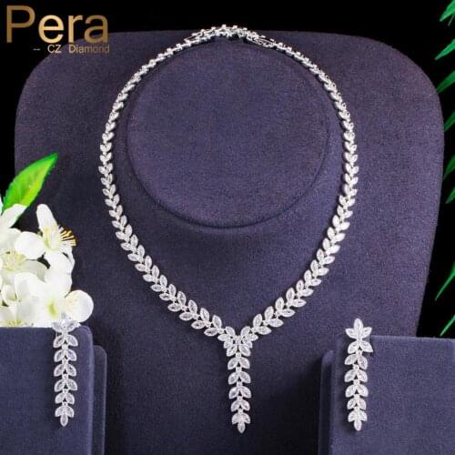 Pera Gorgeous Shiny CZ Crystal Silver Color Long Dangling Leaf Drop Earrings Necklace Set for Ladies Costume Party Jewelry J395