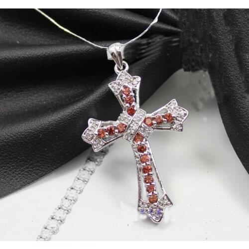 Natural red garnet gem Pendant natural gemstone Retro mysterious energy cross pendant S925 silver girl wedding gift jewelry