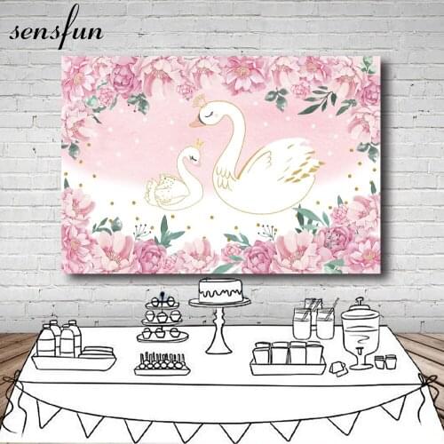 Sensfun Swan Party Backdrops For Photo Studio Pink Flowers Baby Shower Newborn Girls Birthday Photography Bacakgrounds Custom