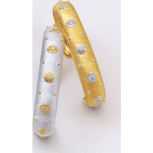 Sterling Silver Silky Flowers Dome Open Bangle Bracelet Renaissance Tulle Texture Starry 18K Gold Tone Cuff Classic Fine Jewelry