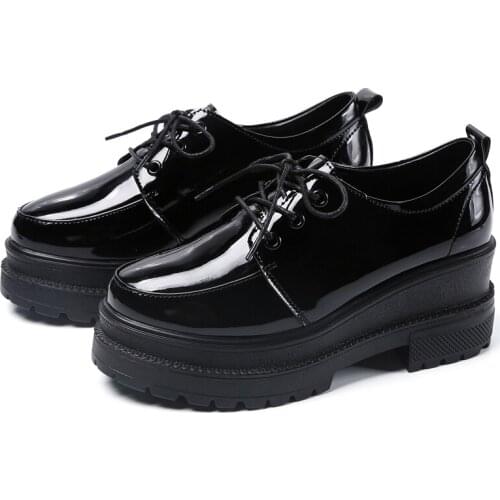 Oxford Shoes Woman Height Increasing Patent Leather platform Womens pumps chunky Casual Shoes 6.5 Cm High Heel Lace Up