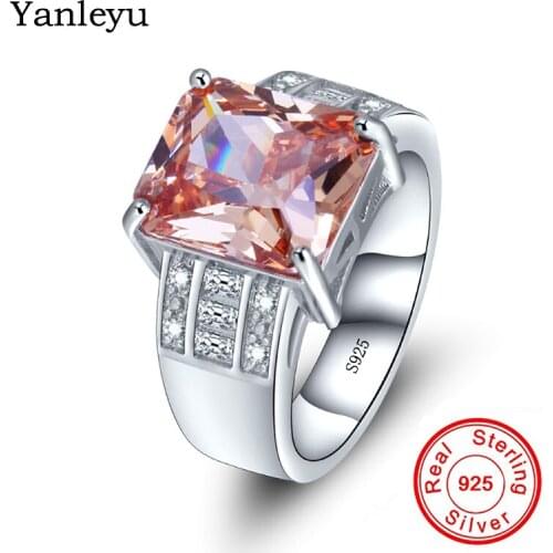 Yanleyu Luxury Big Champagne Cubic Zirconia Engagement Rings for Women 100% 925 Sterling Silver Fine Jewelry PR159