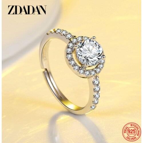 ZDADAN 925 Sterling Silver Round Crystal Zircon Ring For Women Fashion Wedding Engagement Party Jewelry Gift