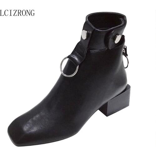 Autumn Winter Boots Women Black PU Leather Ankle Boots for Women 2019 New Square High Heel Woman Shoes