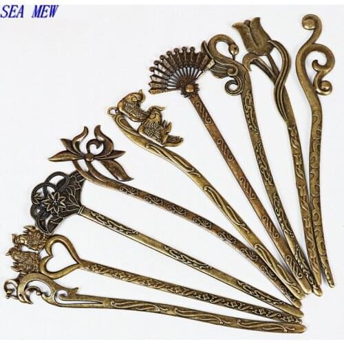 SEA MEW Vintage Style Metal Alloy Hair Sticks Bookmarks Antique Bronze Plated For Women DIY Jewelry