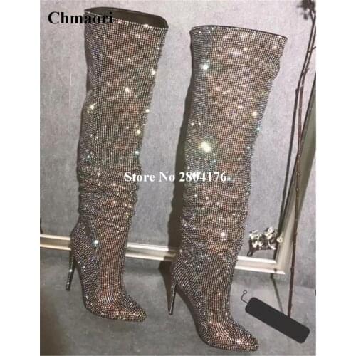 Newest Lady Fashion Bling Bling Rome High Heel Knee High Boots Slip On Motorcycle Solid Pointed Toe Thin Heel Shoes