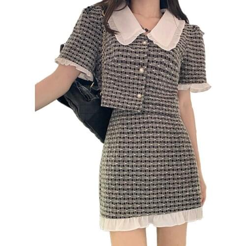 Fashion Vintage Women Two Piece Skirt Sets Short Sleeve Single Breast Short Shirt Top&High Waist Mini Skirt 2pc Dress Outfits