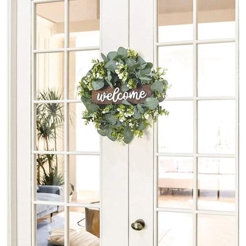 Welcome Sign with Wreaths Rustic Front Door Decor Wood Hanging Sign with Artificial Eucalyptus 16 Inch Farmhouse Porch