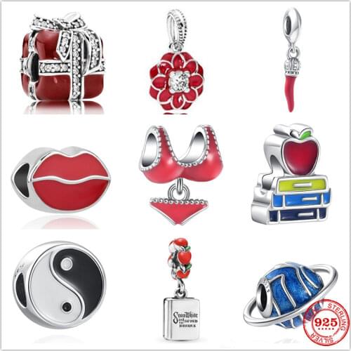 New 925 Sterling Silver Red Lips Bikini Tai Chi Chili Dangle Charm Bead Fit Original Pandora Bracelet DIY Jewelry For Women Gift