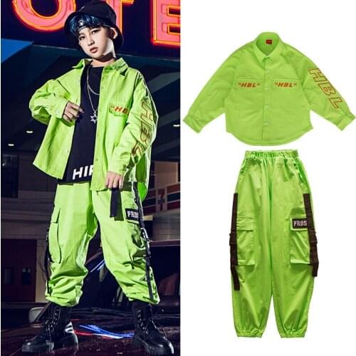 Childrens Street Dance Costumes Green Hip Hop Outfit Boys Jacket Suit Girls Modern Jazz Performance Clothing Rave Wear VDB2526