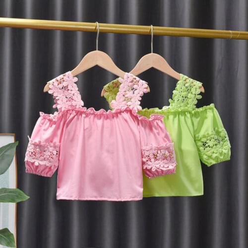 Kids Girls Lace Stitching Blouses Pink Green 2021 Children Princess Strapless Blouses Shirts Korean Style Casual Summer Tops