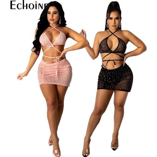 Echoine Women Sexy 2 Piece Set Bandage Rhinestone Transparent Mesh Pleated Mini Skirt Party Club Wear Summer Beach Dress Outfits