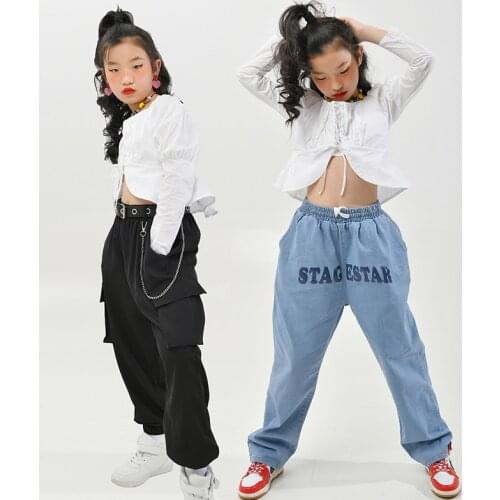 Girls Jazz Dance Costumes White Long-Sleeved Denim Pants Children Hiphop Loose Performance Street Dance Rave Clothes DN8612
