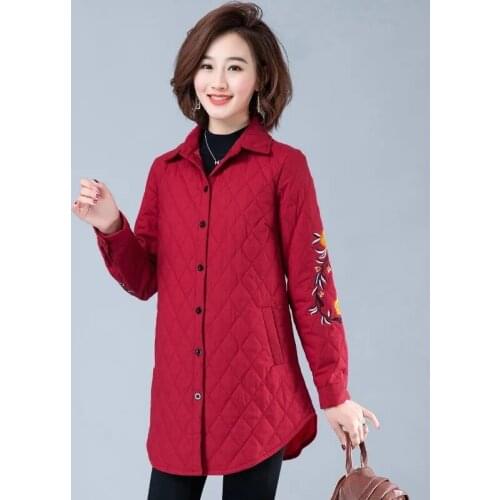 Thin Quilted Jacket Autumn Winter Coat Women Warm Long-Sleeve Tops Embroidered Jacket Parkas Middle Cotton-Padded Female Outwear