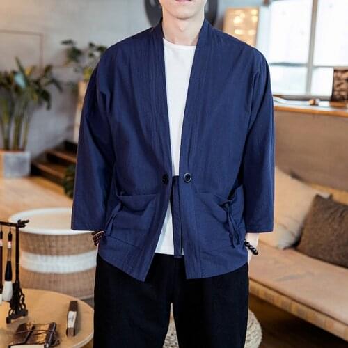Fashion Men Retro Cardigan Samurai Kimono Haori Japan Warrior Yukata Obi Asian Coat Adult Clothing Japanese Dress