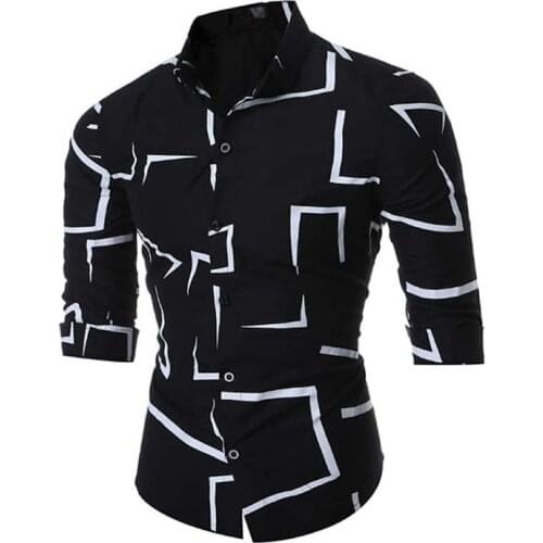 New Mens Geometric Print Black Dress Shirts Mens Long Sleeved Cardigan Fashion Turn-down collar Harajuku Casual Shirts Blouses
