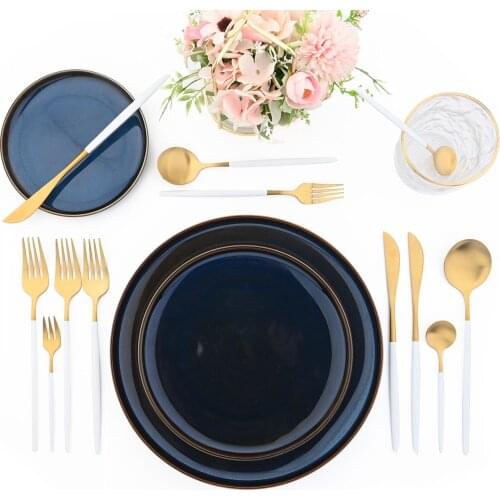 JANKNG 30Pcs White Gold Cutlery Set Knife Fork Spoon Dessert Flatware Dinnerware Set Stainless Steel Silverware Matte Tableware